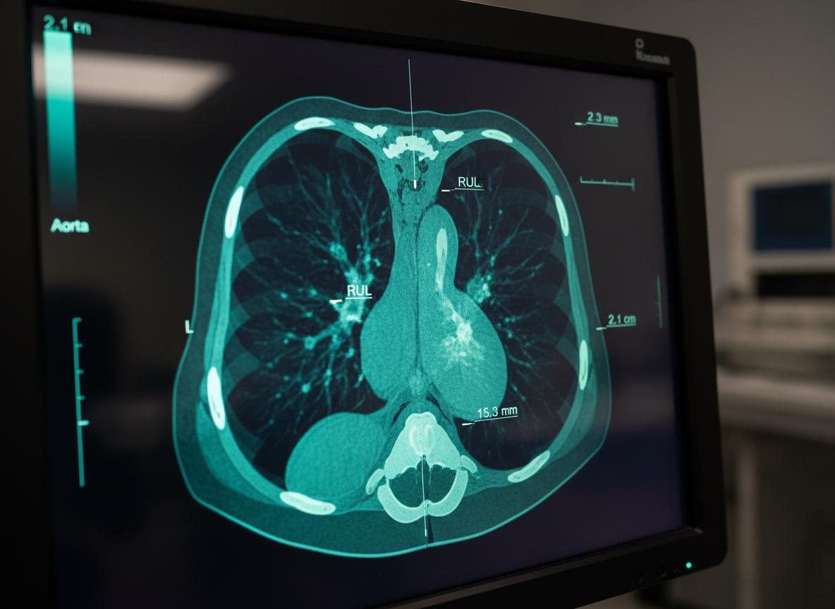 A chest CT displayed on a diagnostic monitor with structural measurements annotated.