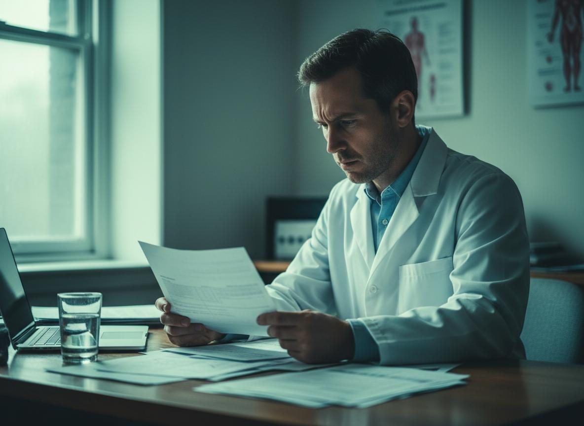 A clinician reviewing a printed diagnostic report at a desk.